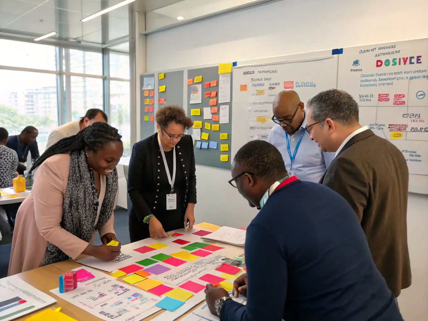 A diverse group of professionals actively participating in a workshop session at the Corporate Culture Conference, focusing on team-building and innovative problem-solving techniques.