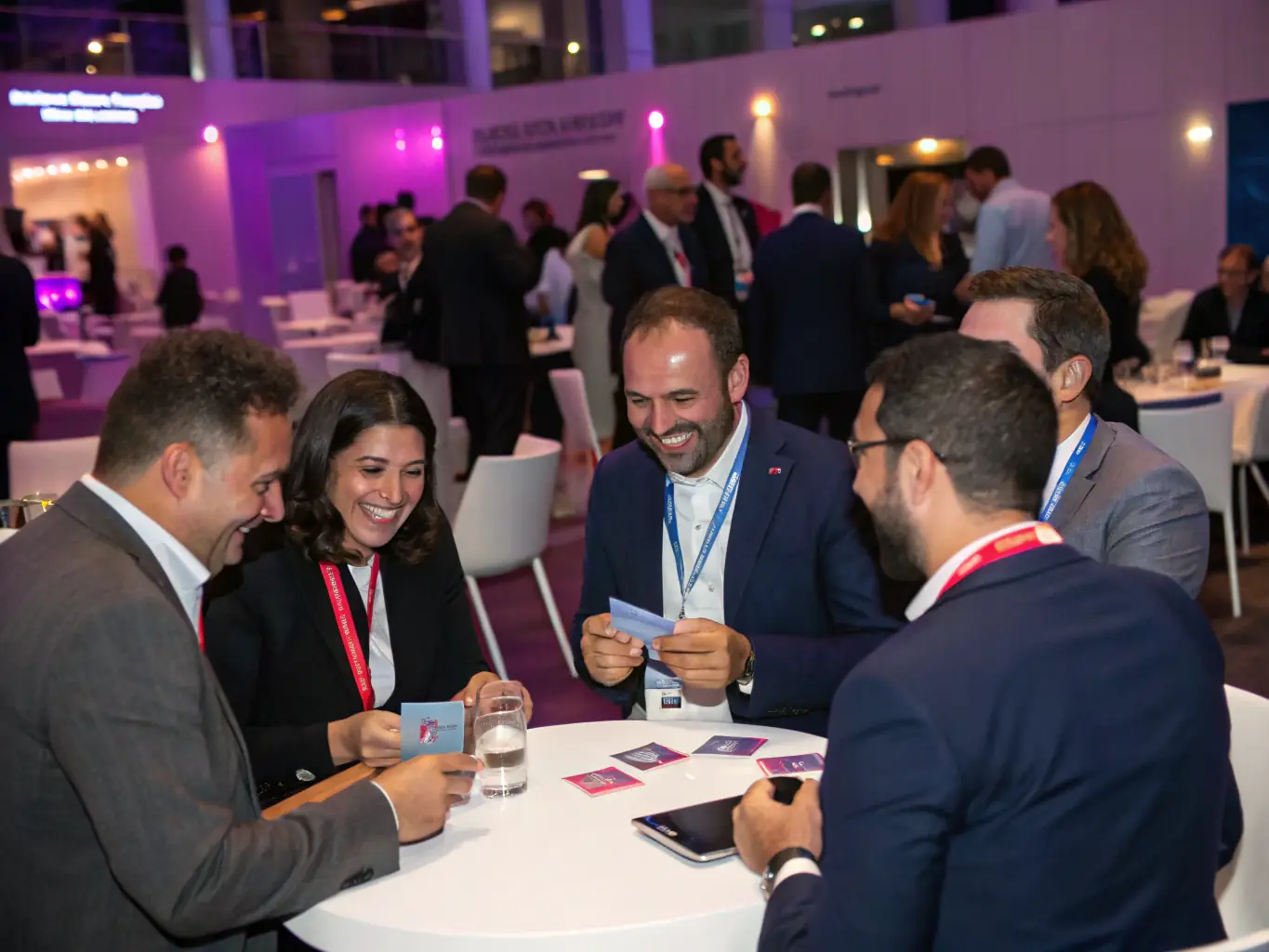 Attendees networking and engaging in discussions during a coffee break at the Corporate Culture Conference, exchanging business cards and sharing insights.